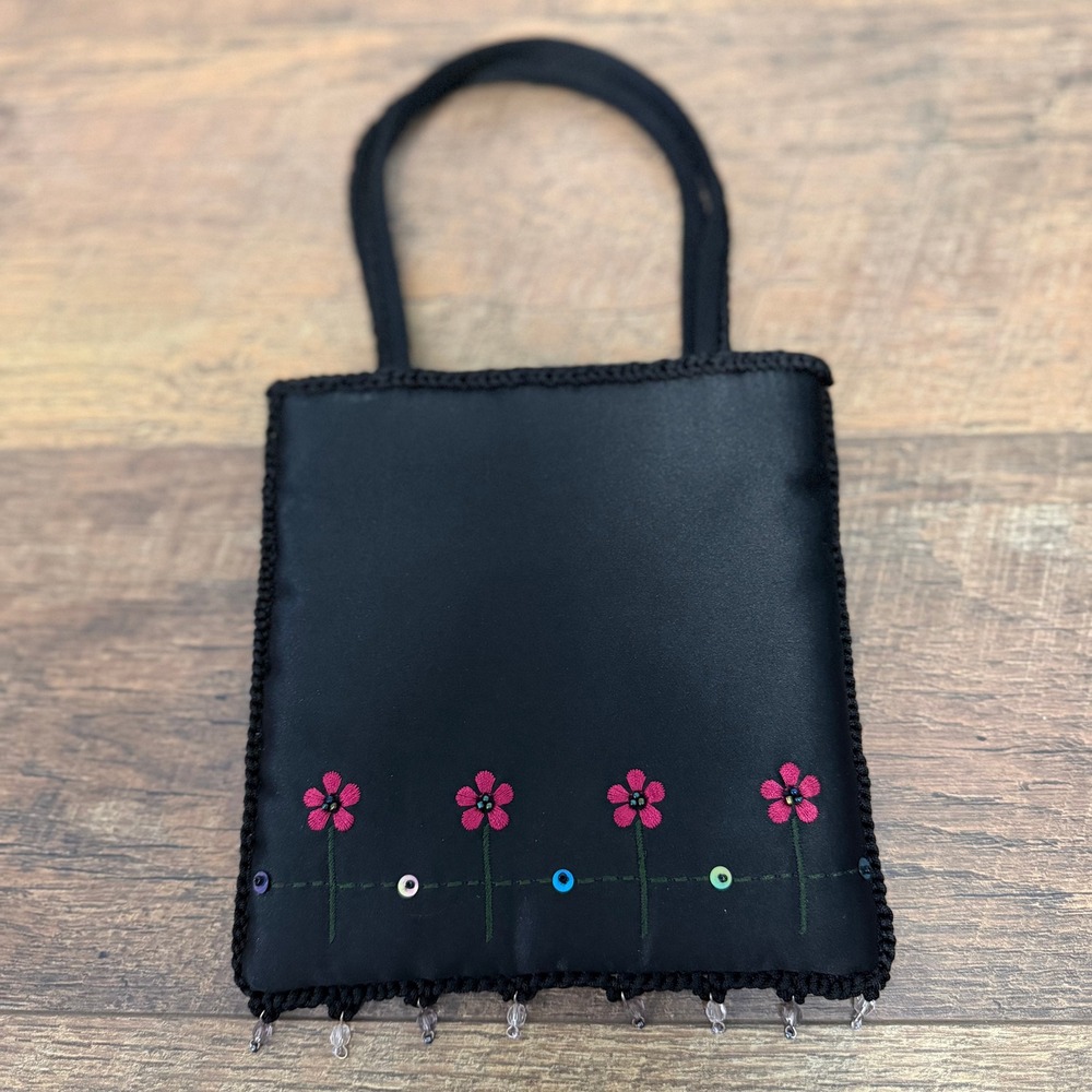Franchi Mini Evening Bag Womens Small Black Floral Embroidered Satin Vintage